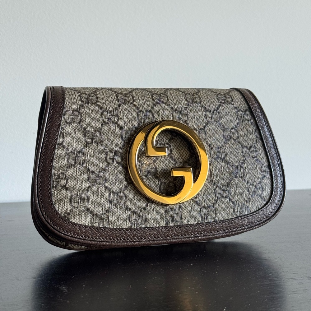 Gucci Beige and Brown Canvas Clutch with Gold Emblem with belt strap